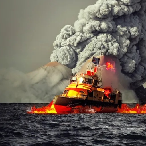 Prompt: a photo of a burning tugboat being attacked by demons while a volcano erupts