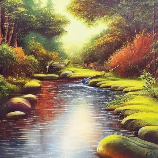 Image similar to Small cosy stream in city of the future in harmony with nature. Nice colour scheme, soft warm colour. Beautiful detailed painting by Lurid. (2022)