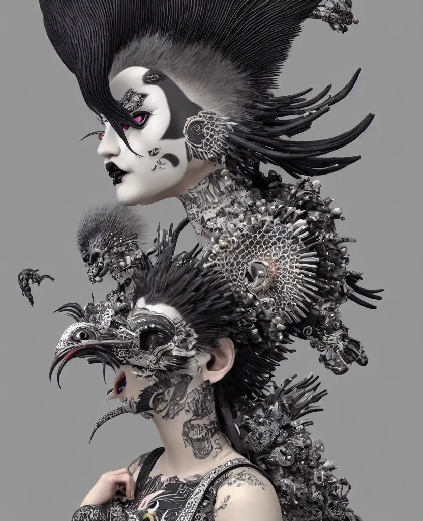 Image similar to 3 d goddess close - up profile portrait punk with mohawk with ram skull. beautiful intricately detailed japanese crow kitsune mask and clasical japanese kimono. betta fish, jellyfish phoenix, bio luminescent, plasma, ice, water, wind, creature, artwork by tooth wu and wlop and beeple and greg rutkowski