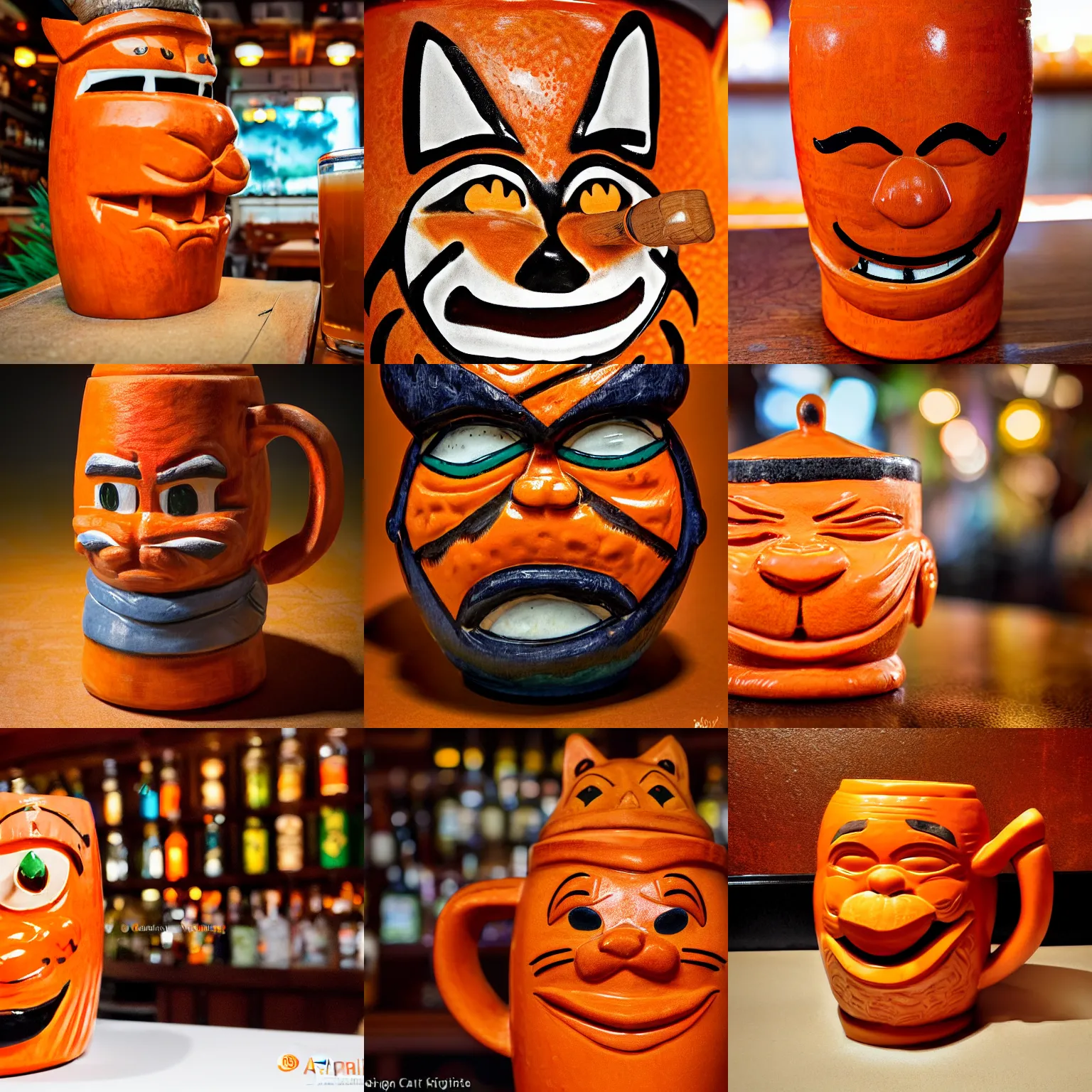 Image similar to a closeup photorealistic photograph of an orange cat garfield style tiki mug at a trader vic's bar with garfield's face on the front. tiki party. bright scene. fine detail. this 4 k hd image is trending on artstation, featured on behance, well - rendered, extra crisp, features intricate detail, epic composition and the style of unreal engine.