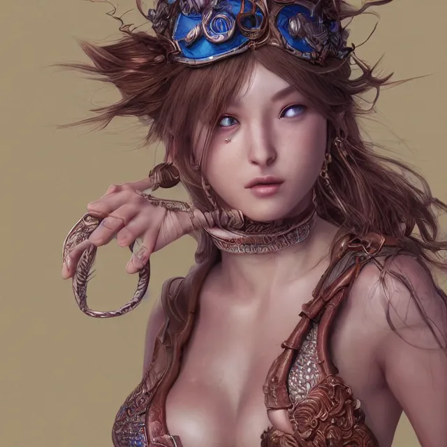 Image similar to studio portrait of neutral good colorful female cleric bard healer as absurdly beautiful, elegant, young sensual swimsuit model, ultrafine hyperrealistic detailed face illustration by kim jung gi, irakli nadar, intricate linework, sharp focus, bright colors, matte, octopath traveler, final fantasy, unreal engine highly rendered, global illumination, radiant light, intricate environment