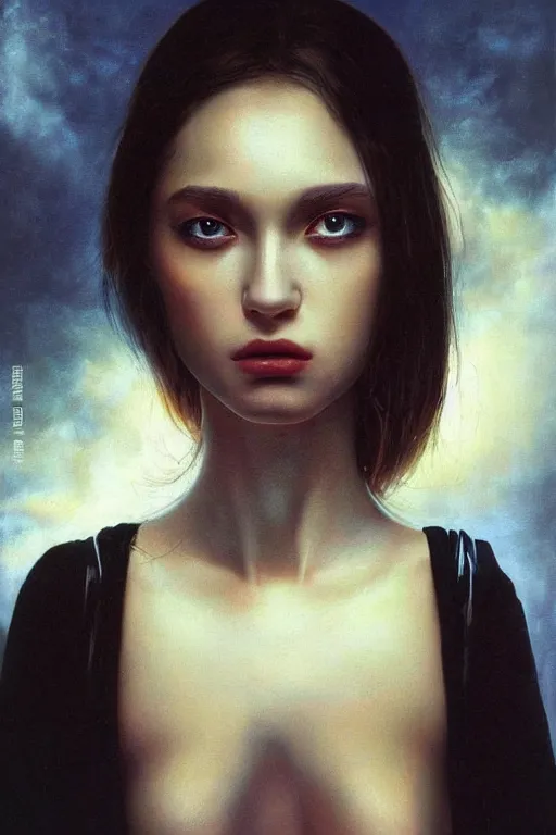 Prompt: hyperrealism oil painting, complete darkness background, soft light, close - up portrait, fashion model, pale skin, black stars, in style of classicism mixed with 8 0 s japanese sci - fi books art