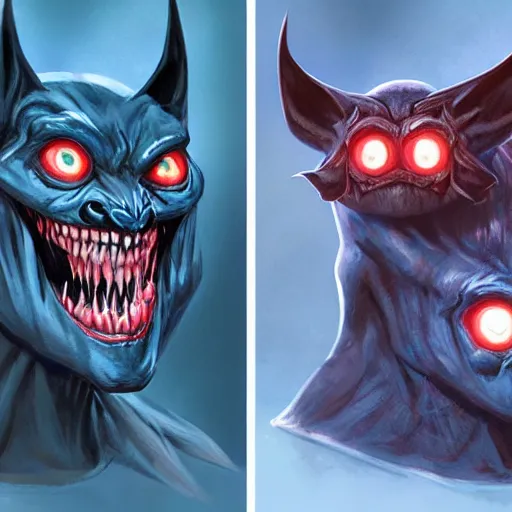 Image similar to front and back character view of scary, giant, mutant, mutated, dark blue humanoid bat, glowing red eyes, flying above a stormy ocean, sharp teeth, acid leaking from mouth, realistic, giant, bat ears, bat nose, bat claws, bat wings, furred, covered in soft fur, detailed, trending on artstation clean concept art and sheet that using unreal engine 5 render and hyper detailed 3D texture with cinematic software light 85mm f/1.4