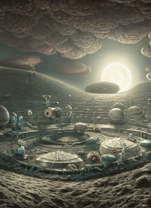 Prompt: highly detailed wide - angle of an extraterrestrial moonbase, unreal engine, nicoletta ceccoli, mark ryden, earl norem, lostfish, global illumination, detailed and intricate environment
