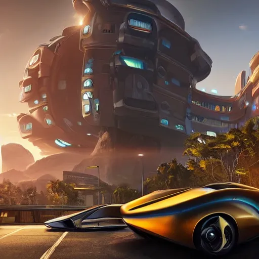 Image similar to glowing sci-fi building in a pleasant urban setting with a futuristic car alongside, peaceful, majestic, a sense of optimism, in style of apex legends, art station, ultra hd, soft light, overhead sun, ultra hd, art station