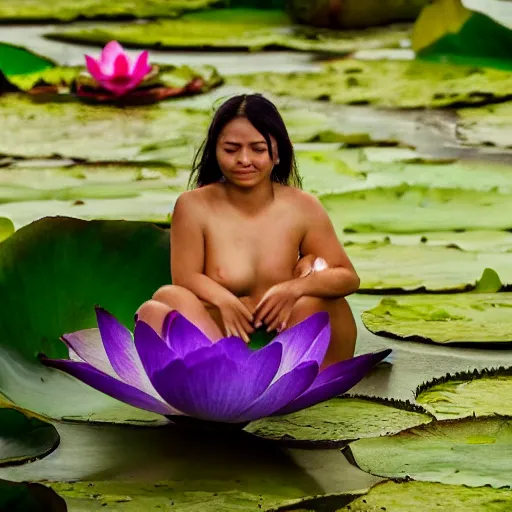 Prompt: macro of beautiful nymph sitting in a lotus flower