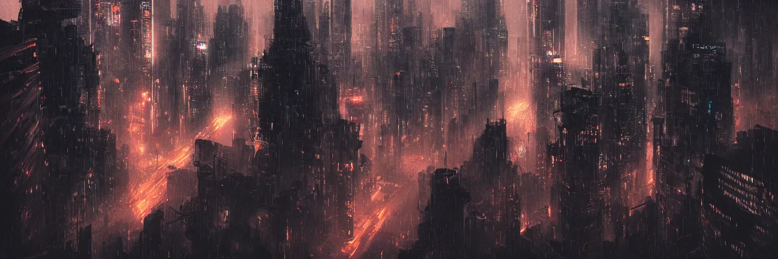 Prompt: shot of the man standing on the roof during rain, looks at impressive cyberpunk city at night during great storm, nightscape, futuristic architecture, realistic photo, neons, blade runner, akira style, cinematic lighting, cinematic angles