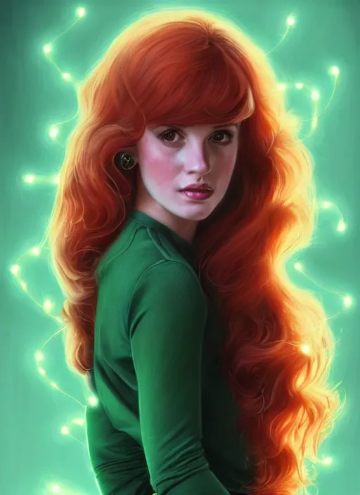 Image similar to full body portrait of teenage cheryl blossom, bangs, green eyes, mischievous expression, red hair, sultry smirk, bangs and wavy hair, 1 9 8 0 s, intricate, elegant, glowing lights, highly detailed, digital painting, artstation, concept art, smooth, sharp focus, illustration, art by wlop, mars ravelo and greg rutkowski