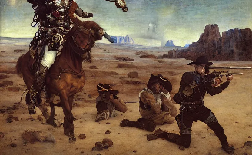 Image similar to a cowboy shootout on the moon by edgar maxence and caravaggio and michael whelan and delacroix style, artistic, intricate painting, cinematic lighting, hyper realistic, extremely detailed, establishing shot, 8 k resolution, dramatic lighting