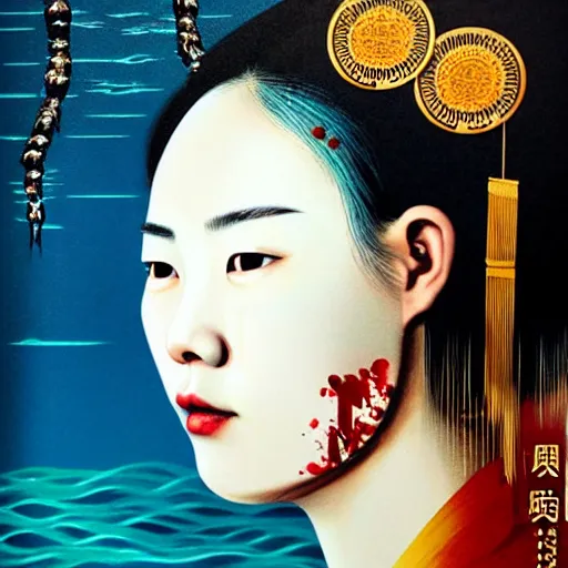 Image similar to portrait of chinese woman :: side profile :: in ocean :: clockwork details :: gold :: blood and horror :: by vikings and Sandra Chevrier