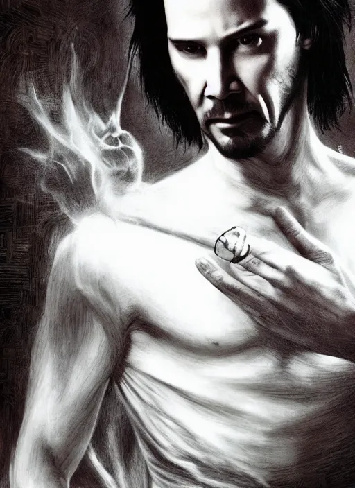 Image similar to keanu reeves neo from matrix 1 as sandman, with fingers and hair turning into smoke, vertigo, shaved, pale skin!, goth, bauhaus, fantasy, intricate, elegant, highly detailed, digital painting, artstation, concept art, wallpaper, smooth, sharp focus, illustration, art by artgerm and greg rutkowski and alphonse mucha