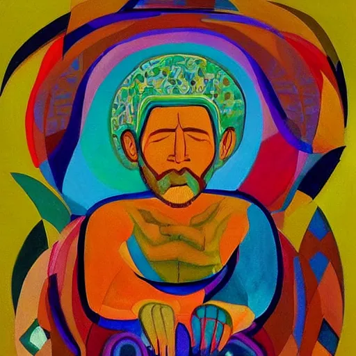 Image similar to A beautiful painting of a man with a large head, sitting in what appears to be a meditative pose. His eyes are closed and he has a serene look on his face. His body is made up of colorful geometric shapes and patterns that twist and turn in different directions. It's almost as if he's sitting in the middle of a kaleidoscope! goldenrod by Bruce Munro weary