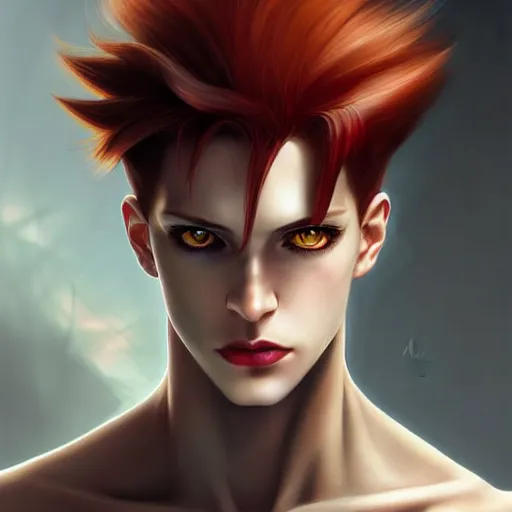 Prompt: portrait of hisoka morow hunter hunter, male, very thin pursed lips extremely sharp jaw yellow eyes narrow almond eyes sultry eyes dark red hair soft hair slicked back crimson hair anime, elegant, highly detailed, digital painting, artstation sharp focus, madonna bowie art by artgerm and greg rutkowski and alphonse mucha