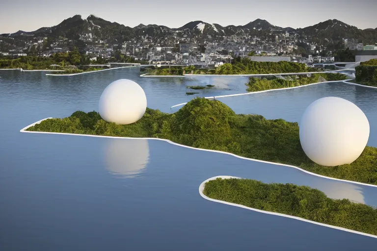 Prompt: the buildings of sejima and pierre cardin, which are formed by the intersection of many white egg shaped spherical spaces, are on the calm lake, human perspective, future, interior wood, marble, award winning, highly detailed 4 k art, dusk, unreal engine highly rendered, global illumination, radial light, internal environment by kazuyo sejima