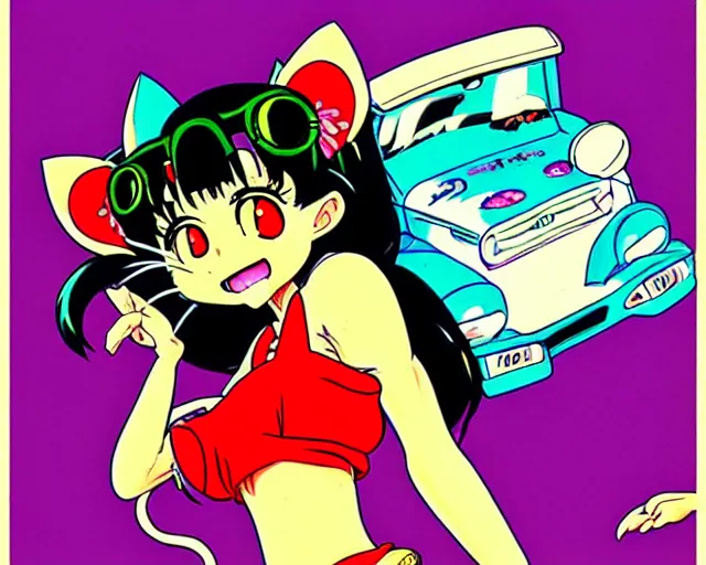 Prompt: high - quality anime catgirl in ratfink style by ed roth, crazy bulging eyes janky teeth riding in a hot rod, road rage, inspired by naoko takeuchi 8 0 s bishoujo anime, vhs filter