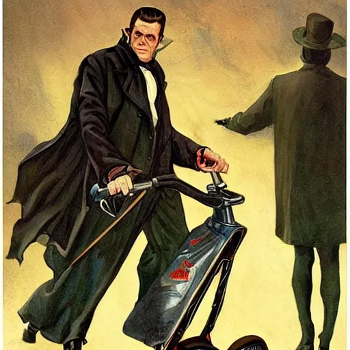 Prompt: frankenstein on a segway chasing crows, painting by by jc leyendecker