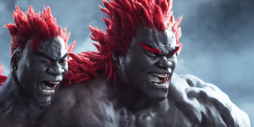 Prompt: a film still of a black man starring in a japanese blockbuster film as akuma from tekken, shallow depth of field, cinematic, award winning cgi, vfx, film still