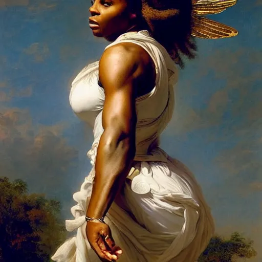 Image similar to Portrait of Serena Williams as Nike Goddess, large wings, luxuriant, dreamy, eternity, romantic, strong pose, highly detailed, in the style of Franz Xaver Winterhalter, highly detailed, in the style of Aetherpunk