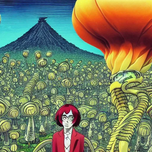 Image similar to A centered chest up portrait of a psychedelic demonic anthropomorphic snake smoking a hand-rolled cigarette smoking heavily , magic mushroom village in background , IMAX cel animation by tokyo movie shinsha , award winning. superb resolution. in the art style of junji Ito and greg rutkowski . Detailed Mushroom city in background. Hyper realistic anime. Perfect art. Dalle2
