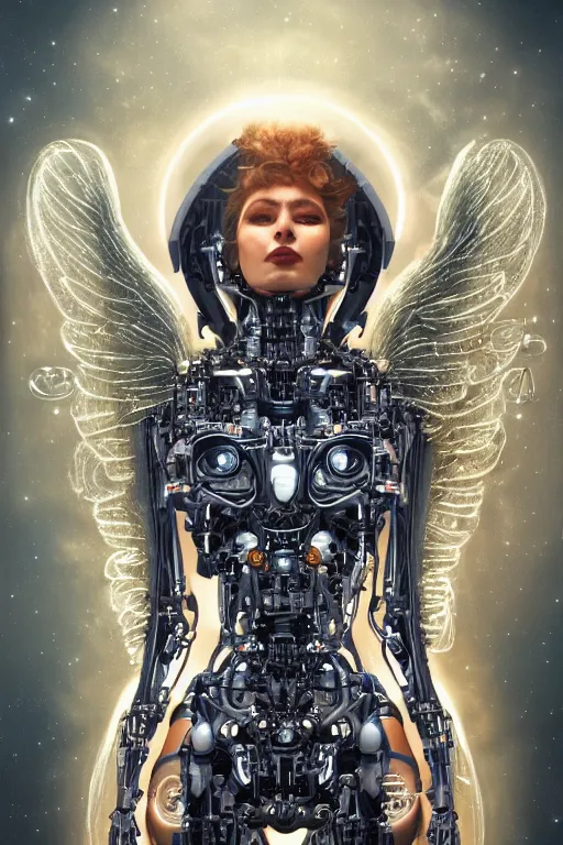 Prompt: a beautiful ultradetailed fine art photo of a cybernetic cyborg angel set against galactic space, by tom bagshaw and zach sutton, portrait, soft backlighting, cybernetic implants on the face, 5 0 mm lens, golden ratio composition, detailed faces, studio lighting, very detailed, mechanical robot neon wings, artstation, 8 k, highly coherent