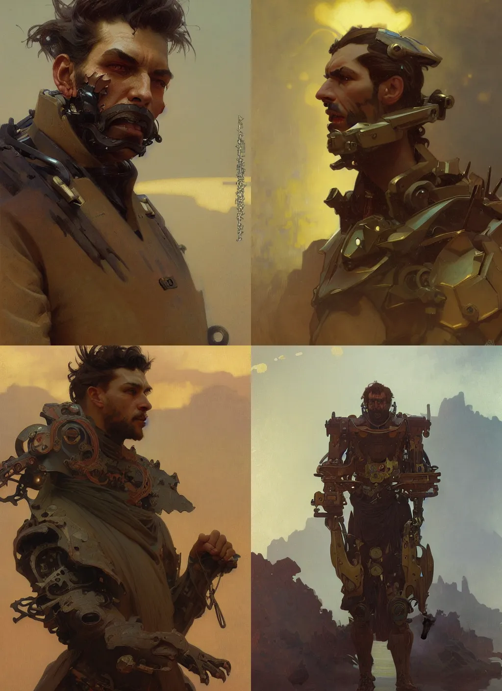 Prompt: Concept Art Portrait Handsome Mech Man snarling seductively, Highly detailed by greg rutkowski, Ilya repin, alphonse mucha, and Edmund Blair Leighton. Very highly detailed 8K, octane, Digital painting, the golden ratio, rational painting, sharp
