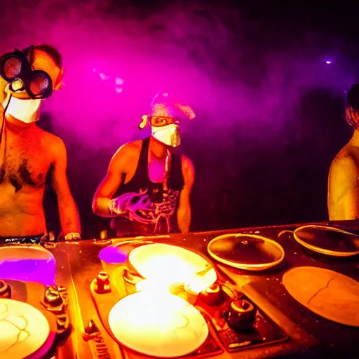 Image similar to scandy and arender, cooking it up, hot hot hot, splash, ahhhhhhh, roomies, bohemian digitals, playing a live gig at ozora festival, night time, colored lights, stroboscope, fog machine, no faces visible, with masks, huge crowd, ecstatic, photorealistic photography