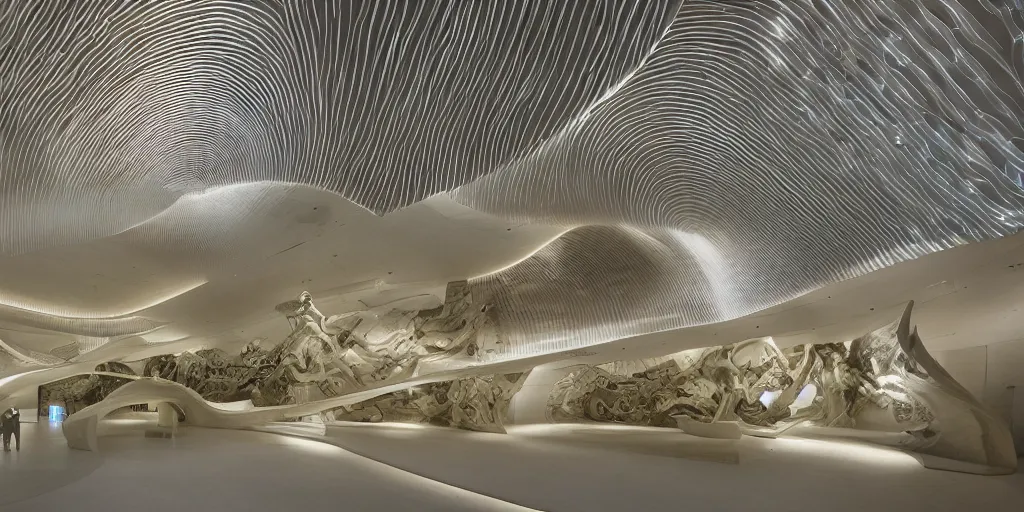 Prompt: extremely detailed stunning curvilinear museum interior with water centered sculpture piece and led strips and robots