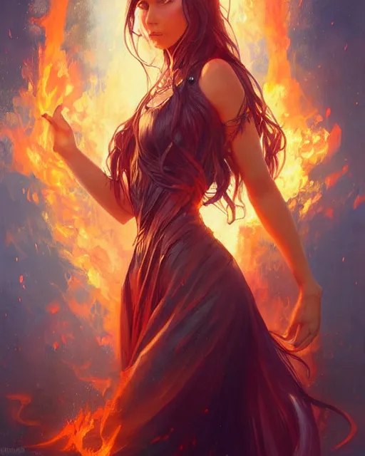 Image similar to beautiful long haired girl, fire dress, full body photo, flames everywhere, highly detailed, digital painting, artstation, concept art, smooth, sharp focus, illustration, art by artgerm and greg rutkowski and alphonse mucha