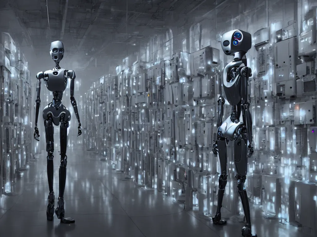 Prompt: a tall female robot guarding a wall of computers, confident, moody, dramatic, introspective, 8 k, octane render, photorealistic, hyper detailed, perfect lighting