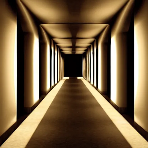 Image similar to a dark and recursive hallway, with a heavenly glow