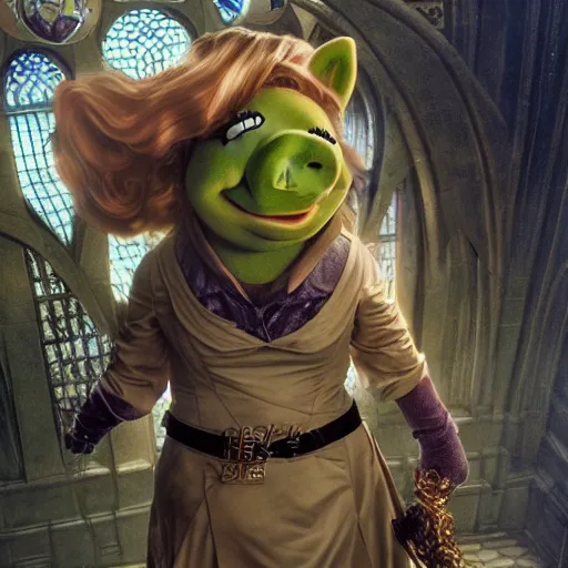 Image similar to Epic Masterpiece action shot of Miss Piggy as Trinity in The Matrix (1999) , drawn by Donato Giancola and Tom Bagshaw, Edmund Leighton, Alphonse Mucha, 4k, volumetric lighting, komorebi, trending on artstation, octane render, hyperrealistic