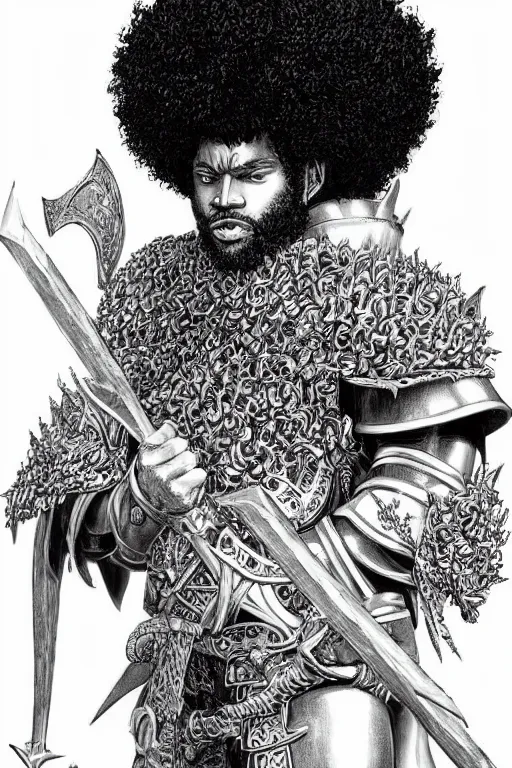 Image similar to black man with afro hair and raspy beard stubble as a knight, highly detailed, anatomically correct, black and white, manga, art by kentaro miura