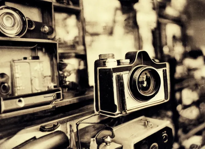 Image similar to a photo from the 1 9 7 0 s of an old camera in an antiques store