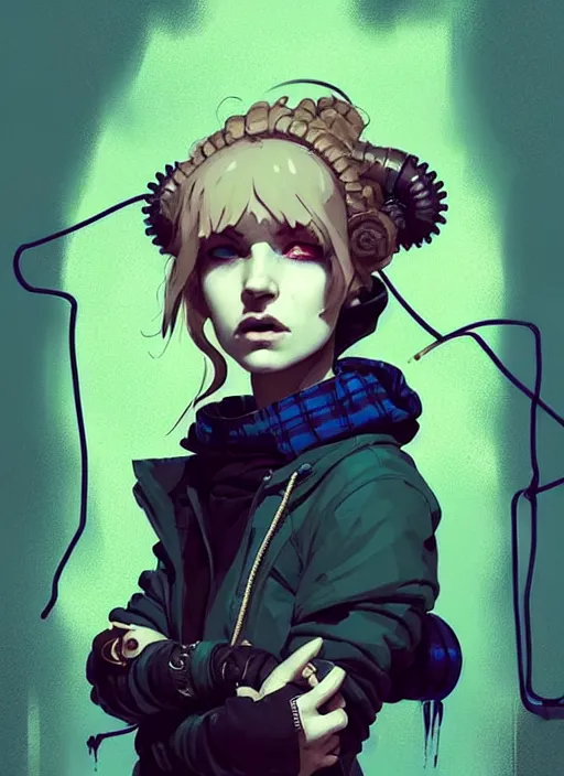 Image similar to highly detailed portrait of a sewer punk lady, tartan hoody, blonde ringlet hair by atey ghailan, by greg rutkowski, by greg tocchini, by james gilleard, by joe fenton, by kaethe butcher, gradient blue, black, blonde cream and white color scheme, grunge aesthetic!!! ( ( graffiti tag wall background ) )