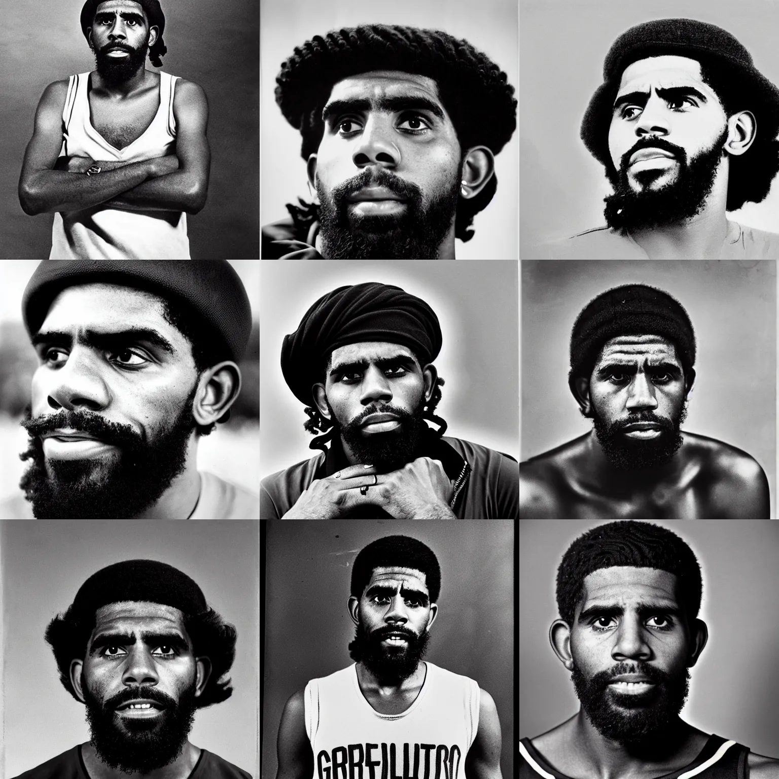 Prompt: Portrait of Kyrie Irving, Kyrie Irving as Che Guevara, Guerilla Heroico, Black and White, Photograph by Alberto Korda, inspiring, dignifying, national archives