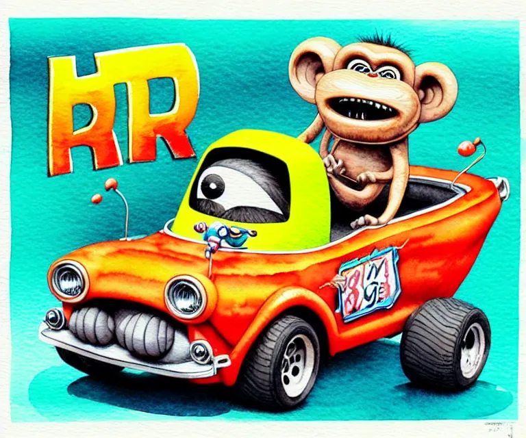 Prompt: cute and funny, monkey driving a tiny hot rod with an oversized engine, ratfink style by ed roth, centered award winning watercolor pen illustration, isometric illustration by chihiro iwasaki, edited by craola, tiny details by artgerm and watercolor girl, symmetrically isometrically centered