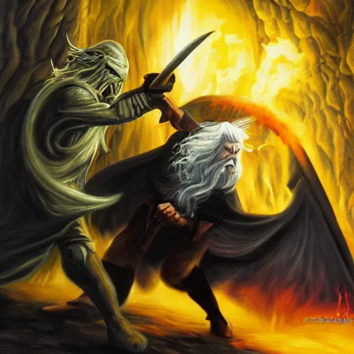 Image similar to gandalf fighting a balrog, dark atmosphere, dark cave lighting, fantasy generation, oil painting framed