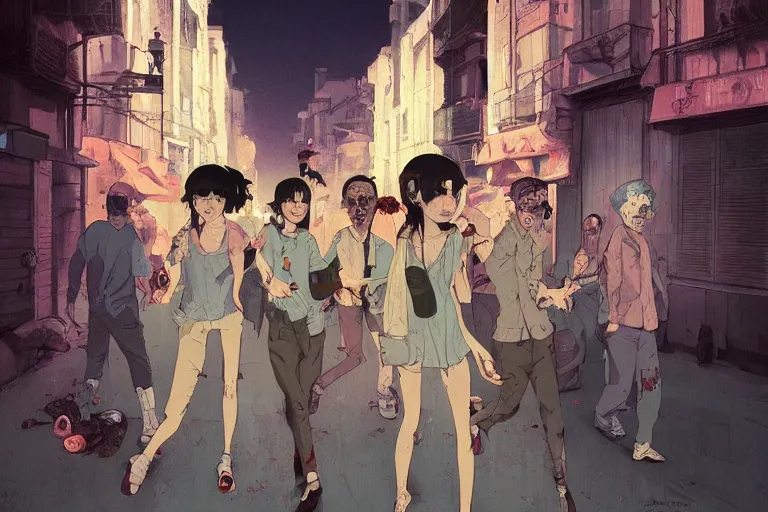 Prompt: a group of zombies hanging out in the streets of Buenos aires at night, muted colors, matte print, pastel colors, ornate, digital art, cute smile, digital painting, fan art, elegant, pixiv, by Ilya Kuvshinov, by Studio Ghibli