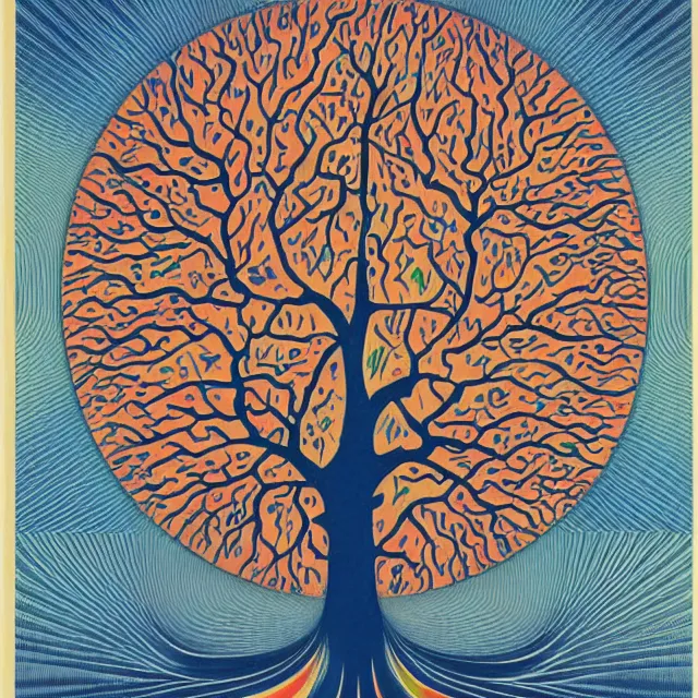 Image similar to the tree of life in a minimalist collage of geometric shapes, tetrachromacy, primary colors, in the style of ikko tanaka, japanese graphic design, 1 9 8 0, by ernst haeckel