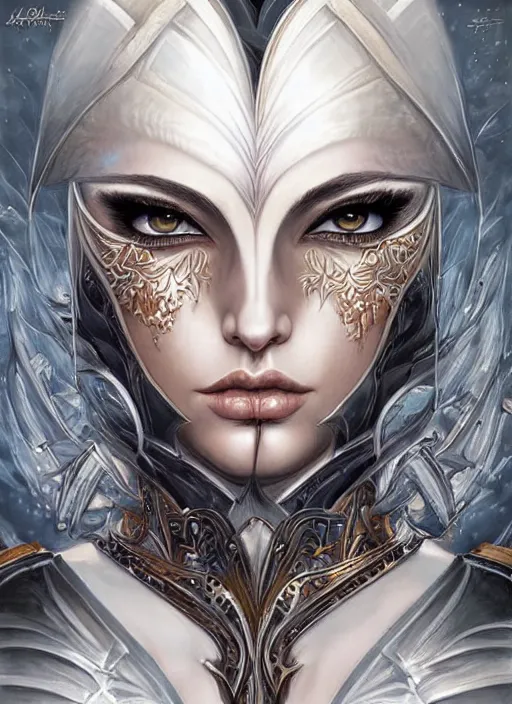 Prompt: a highly detailed symmetrical painting of a female model fantasy warrior with piercing beautiful eyes, trending art by artgerm and karol bak and mark brooks