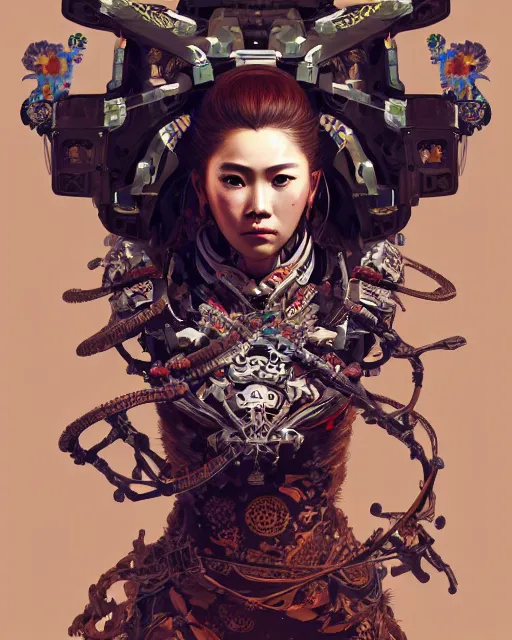 Image similar to portrait of a machine from horizon zero dawn, machine face, upper body, decorated with chinese opera motifs, asian, traditional chinese art, intricate, elegant, highly detailed, digital painting, artstation, concept art, smooth, sharp focus, illustration, art by artgerm and greg rutkowski and alphonse mucha, 8 k