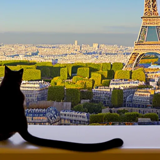 Prompt: cat back looking on paris view panorama