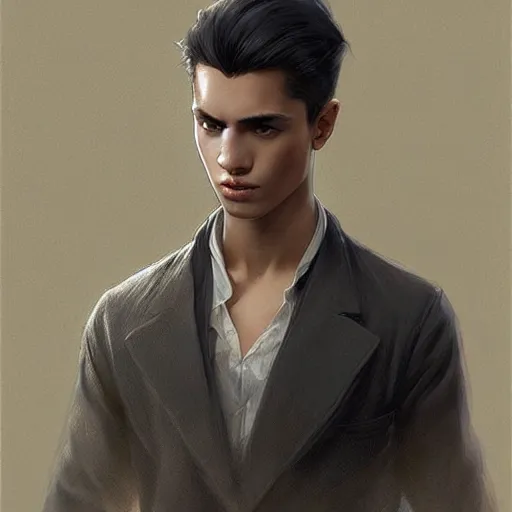 Image similar to ultra realistic illustration, young man with dark gray skin, short white hair, intricate, with dark clothes, elegant, highly detailed, digital painting, artstation, concept art, smooth, sharp focus, illustration, art by artgerm and greg rutkowski and alphonse mucha