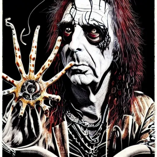 Prompt: graphic illustration, creative design, alice cooper, biopunk, francis bacon, highly detailed, hunter s thompson, concept art, occult, magical