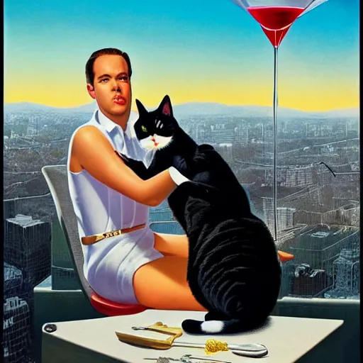 Prompt: bret easton ellis and the devil drinking martinis on top of a skyscraper at sunset with a black and white cat, by gil elvgren