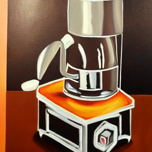 Image similar to a painting of a humanoid espresso machine that makes coffee from human souls