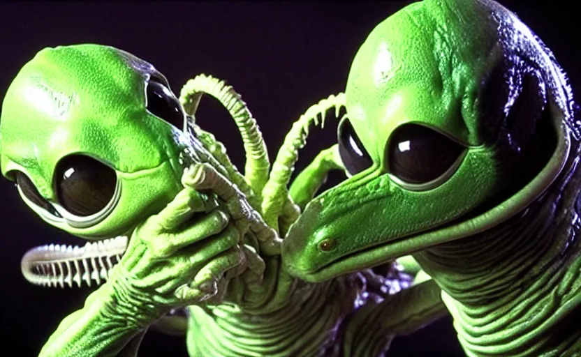 Prompt: alien facehugger kermit vfx film