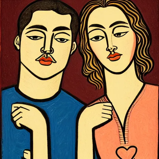 Image similar to perfectly centered symmetrical split male and female portrait of man and woman in love sharing one heart. illustration, highly detailed, simple, no jagged lines, smooth, artstation, artwork by william zorach