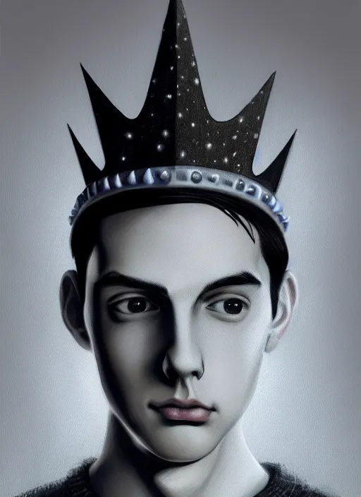 Image similar to portrait of teenage jughead jones wearing a light grey crown, crown, blue turtleneck, 1 9 5 0 s, closed eyes, photorealistic, black hair, glowing lighting, intricate, elegant, glowing lights, highly detailed, digital painting, artstation, concept art, smooth, sharp focus, illustration, art by wlop, mars ravelo and greg rutkowski