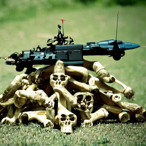 Prompt: weaponized Apache helicopter made out of bones, 35mm film, 50mm f1.8